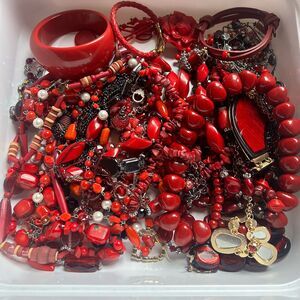 Red Jewelry Lot Costume Necklaces, Beads, Bangles & More Estate Craft/Resale DIY